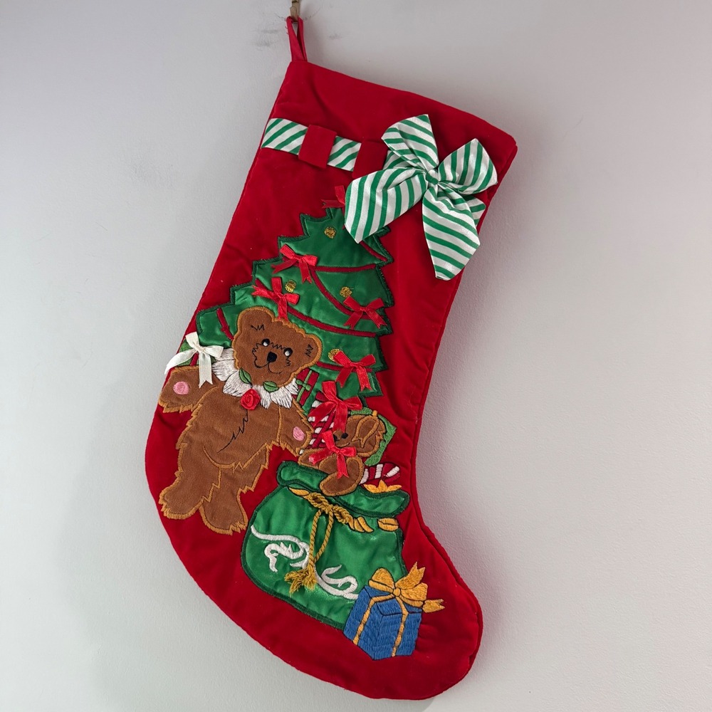 Unbranded Vintage Christmas Stocking Unisex OS Red Teddy Bear Tree Velvet Bow